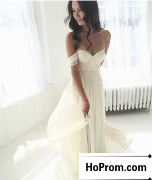 Off Shoulder White Chiffong Long Prom Dresses Evening Dress