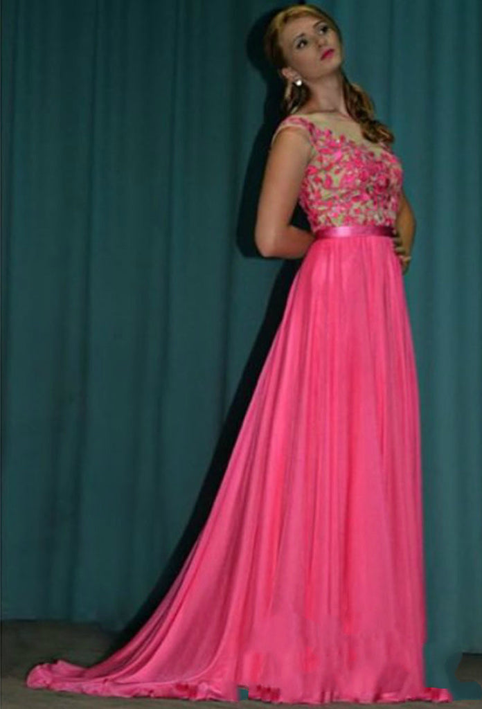Lace Applique Prom Dresses,Pink Prom Dress,Chiffon Evening Dress