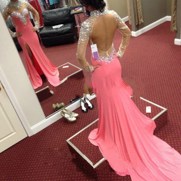 Slit Pink Prom Dresses,Floor Length Prom Dress,Evening Dress