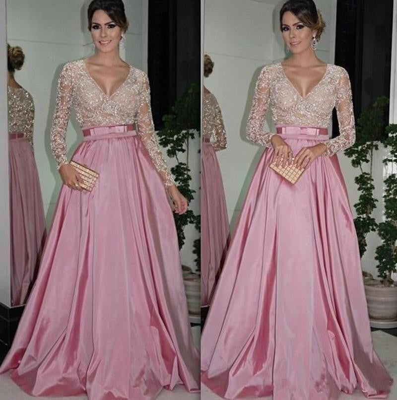 V-Neck Lace Prom Dresses,Pink Prom Dress,Evening Dress