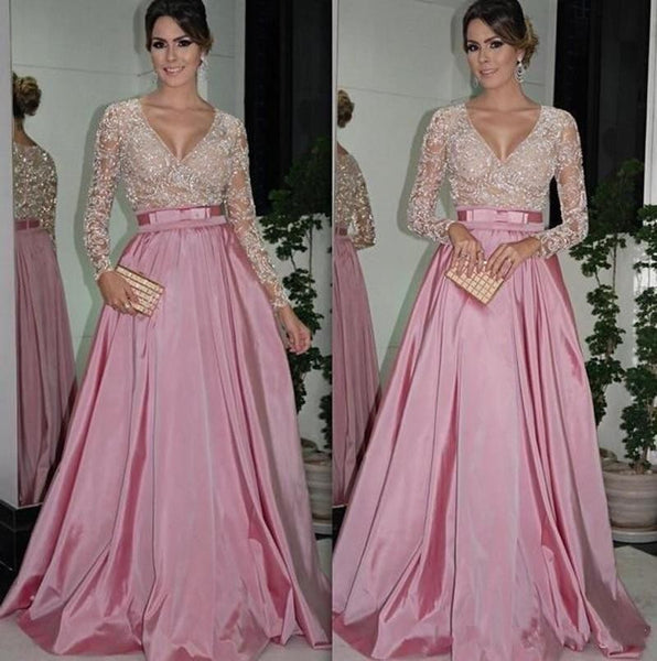 V-Neck Lace Prom Dresses,Pink Prom Dress,Evening Dress