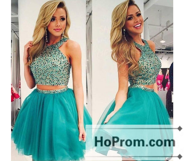 A-Line Two Piece Beaded Prom Dresses Homecoming Dresses