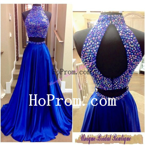 High Neck Blue Prom Dresses,Beading Prom Dress,Evening Dress