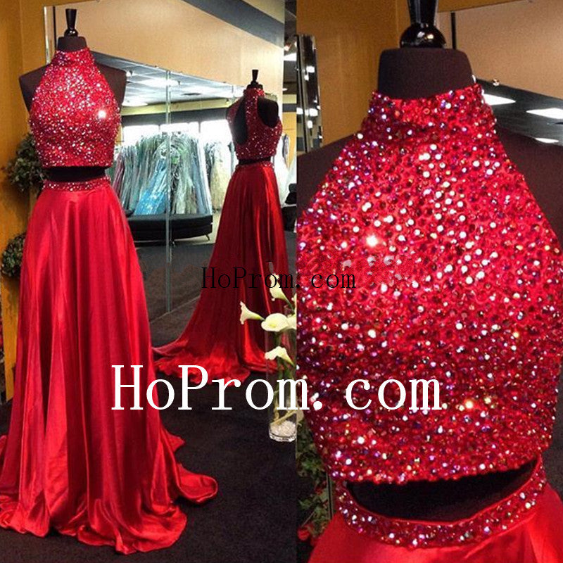 High Neck Red Prom Dresses,Beading Prom Dress,Evening Dress