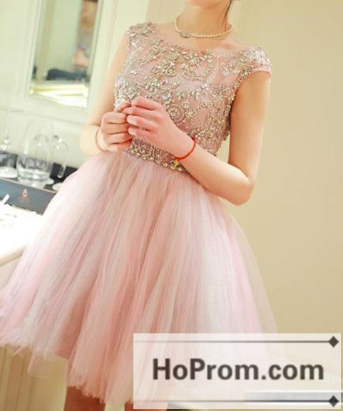 Cap Sleeve Short Pink Tulle Prom Dresses Homecoming Dresses
