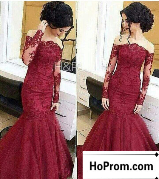Long Sleeve Burgundy Lace Prom Dresses Evening Dress