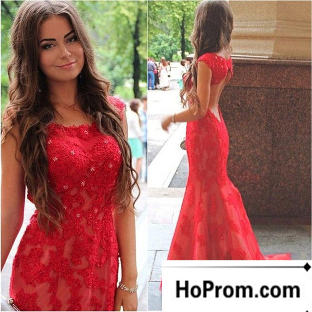 Red Lace Mermaid Floor Length Prom Dress Evening Dresses