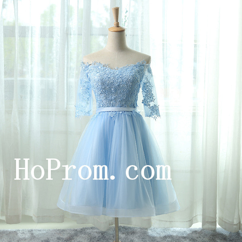 Light Blue Prom Dresses,Half Sleeve Prom Dress,Short Evening Dress