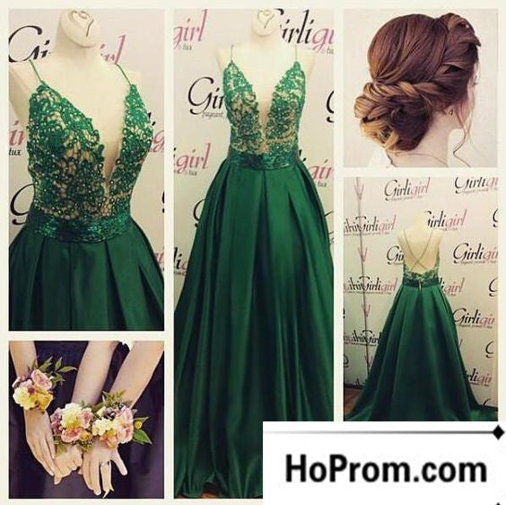 Green Applique Spaghetti Straps Prom Dresses Evening Dress