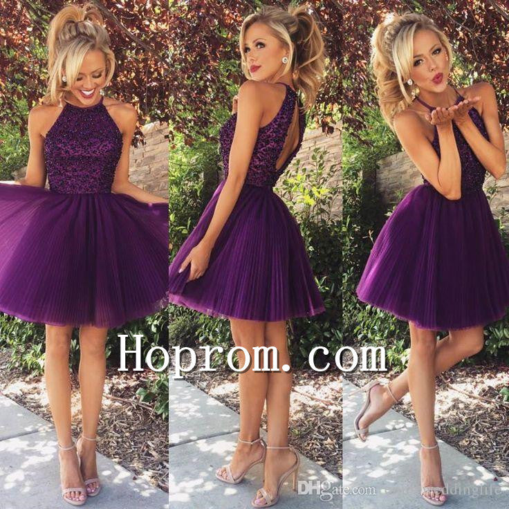 Short Halter Purple Tulle Prom Dress Homecoming Dresses