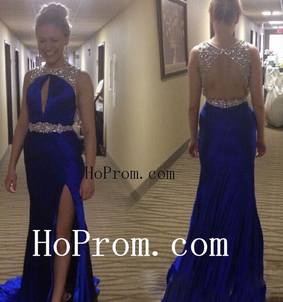 Split Satin Prom Dresses,Blue Prom Dress,Evening Dress