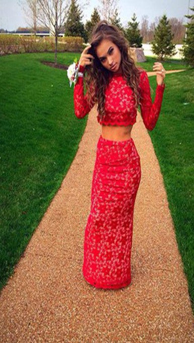 Two Piece Prom Dresses,Lace Red Prom Dress,Evening Dress