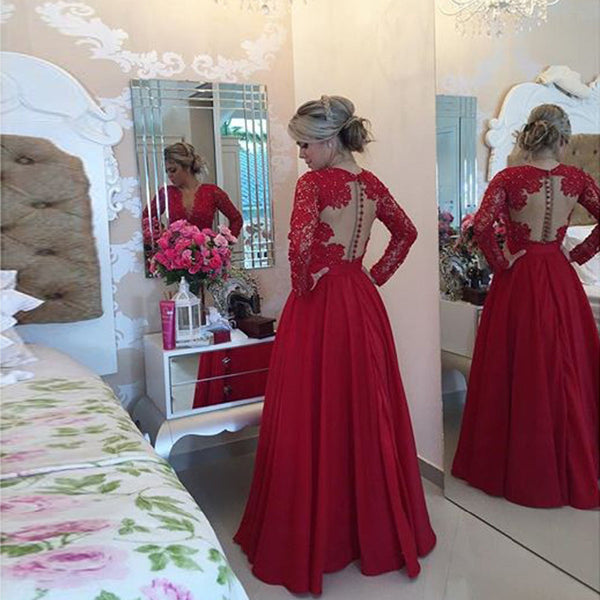 Red Prom Dresses,Sheer Back Prom Dress,Evening Dress