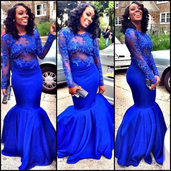 Blue Lace Prom Dresses,Long Sleeve Prom Dress, Evening Dress