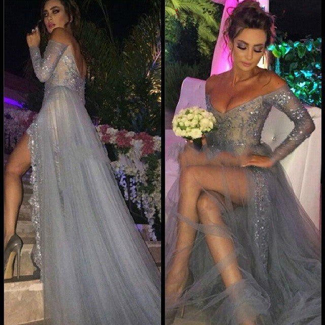 Grey Slit Prom Dresses,Sexy Prom Dress,Off Shoulder Evening Dress