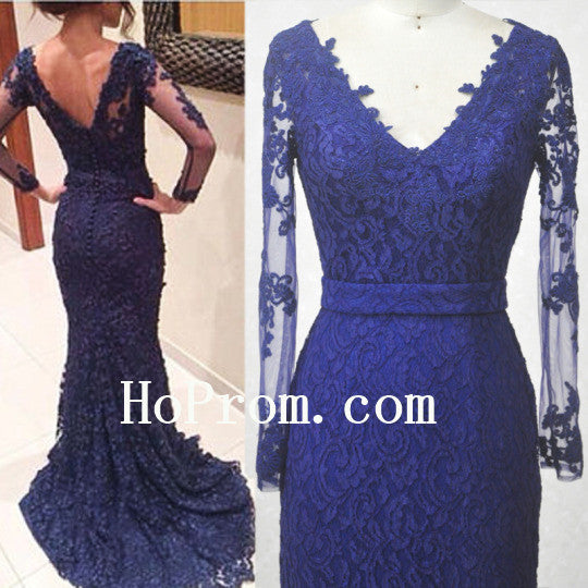 Blue Mermaid Prom Dresses,Lace Long Prom Dress,Evening Dress
