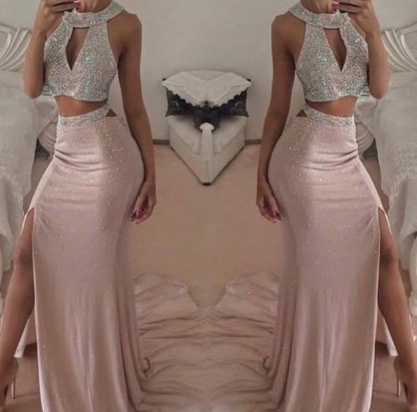 Halter Beading Prom Dresses,Two Piece Prom Dress,Evening Dress