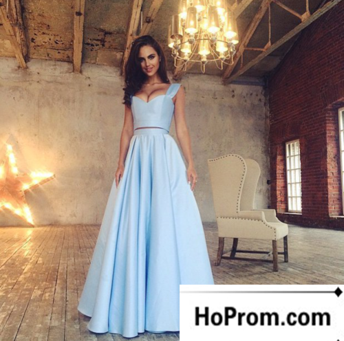 Blue Satin A-Line Straps Prom Dress Evening Dresses