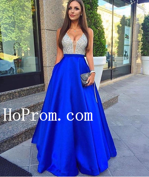 Deep-V-Neck Prom Dresses,Blue Beading Prom Dress,Evening Dress