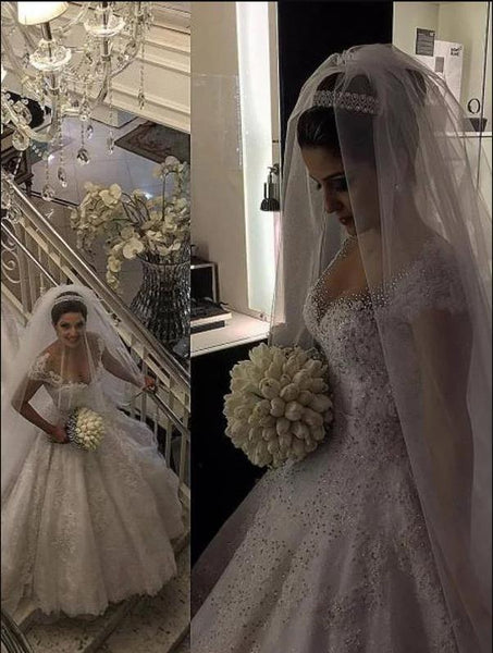 Tulle V-neck Sleeveless Wedding Dresses Floor Length Ball Gown With Beading