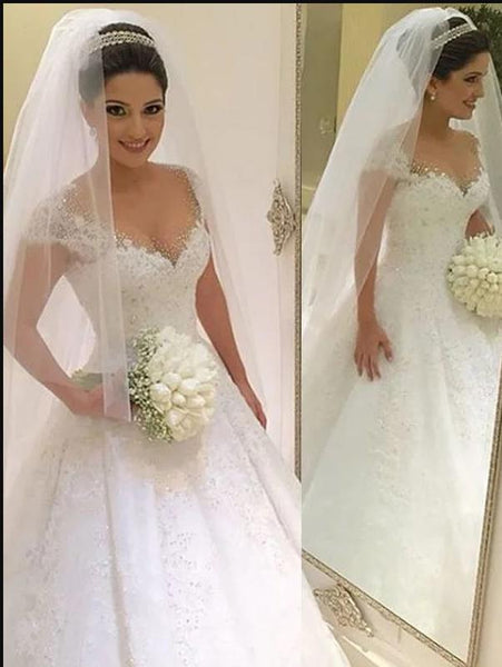 Tulle V-neck Sleeveless Wedding Dresses Floor Length Ball Gown With Beading