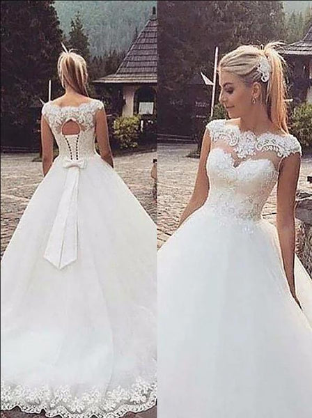Lace Tulle Bateau Sleeveless Court Train Wedding Dresses Ball Gown With Bowknot