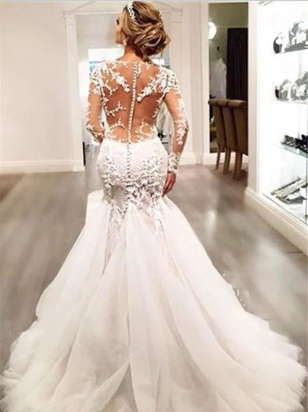 Mermaid Lace Tulle V-neck Wedding Dresses,Long Sleeves Court Train Wedding Dresses