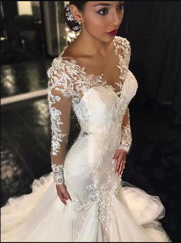 Mermaid Lace Tulle V-neck Wedding Dresses,Long Sleeves Court Train Wedding Dresses