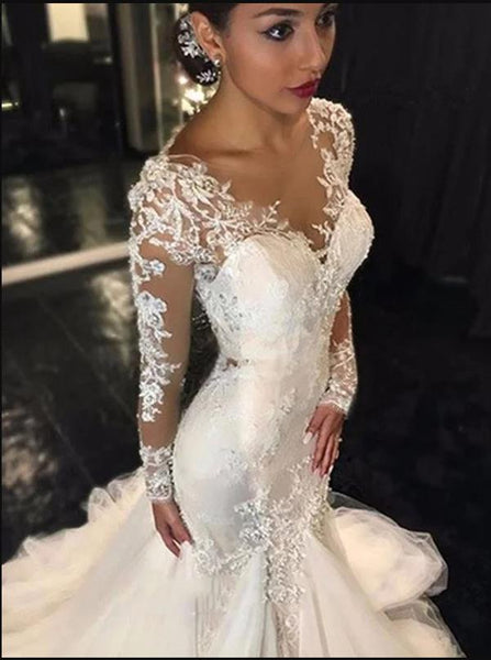 Mermaid Lace Tulle V-neck Wedding Dresses,Long Sleeves Court Train Wedding Dresses