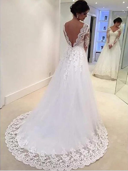 Lace Tulle V-neck Long Sleeves Train Wedding Dresses Ball Gown