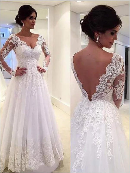 Lace Tulle V-neck Long Sleeves Train Wedding Dresses Ball Gown