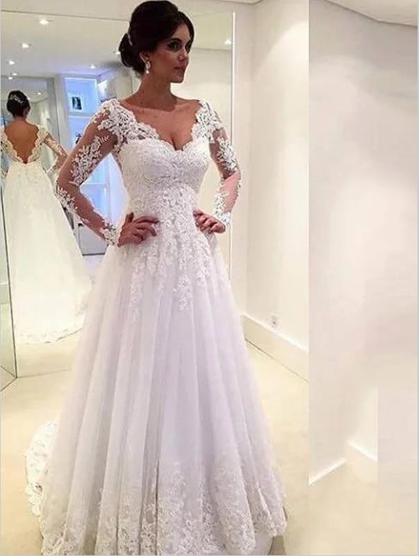 Lace Tulle V-neck Long Sleeves Train Wedding Dresses Ball Gown