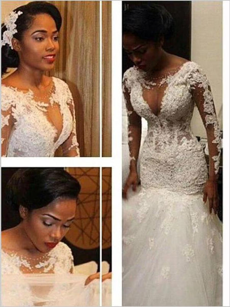 Mermaid Lace Tulle V-neck Long Sleeves Wedding Dresses Floor Length Ball Gown
