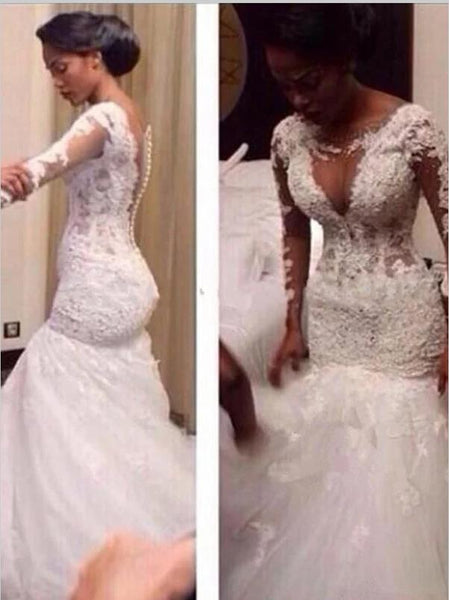 Mermaid Lace Tulle V-neck Long Sleeves Wedding Dresses Floor Length Ball Gown