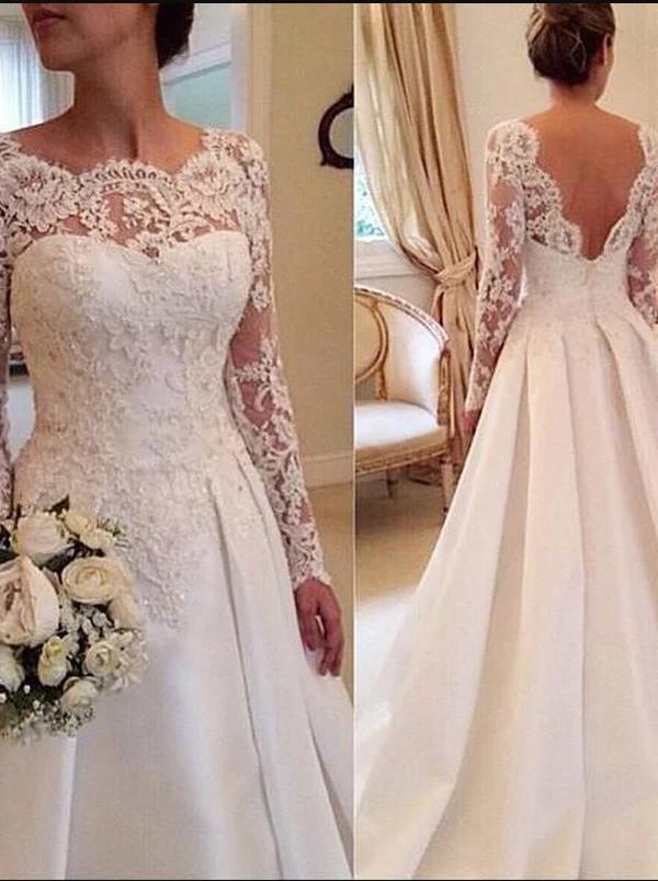Lace Long Sleeves Train Satin Wedding Dresses Ball Gown