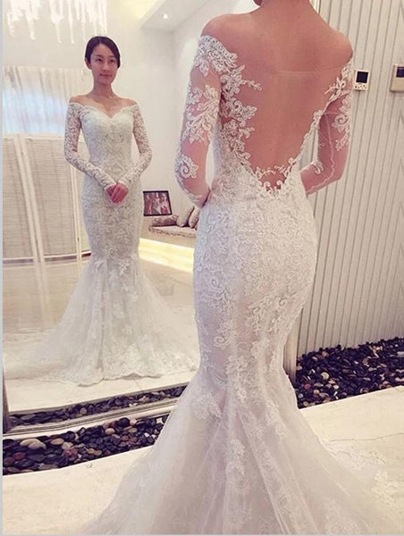 Mermaid Lace Long Sleeves Backless Wedding Dresses,Off Shoulder Train Wedding Dresses