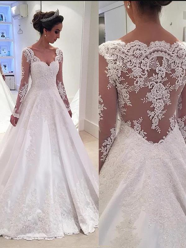Lace V-neck Long Sleeves Wedding Dresses,Court Train Satin Wedding Dresses Ball Gown