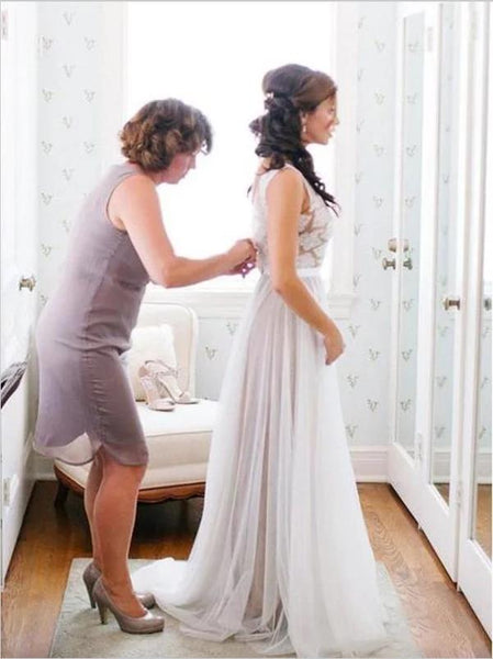 Lace Tulle V-neck Scoop Sleeveless Wedding Dresses Floor Length Dresses