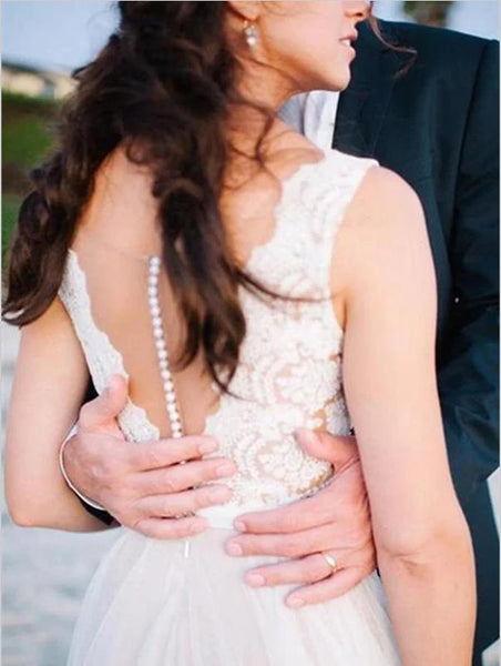 Lace Tulle V-neck Scoop Sleeveless Wedding Dresses Floor Length Dresses
