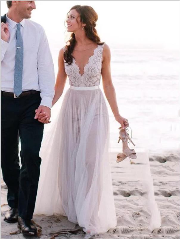 Lace Tulle V-neck Scoop Sleeveless Wedding Dresses Floor Length Dresses