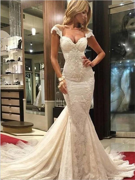 Sheath Lace Tulle V-neck Short Sleeve Wedding Dresses