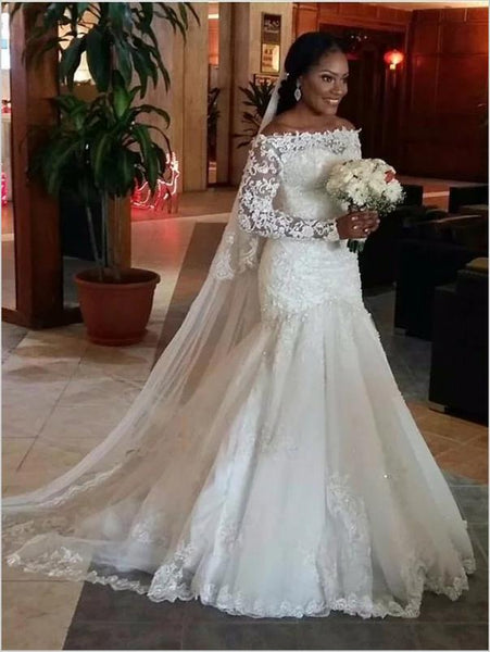 Trumpet Lace Tulle Off Shoulder Long Sleeves Wedding Dresses Floor Length Dresses