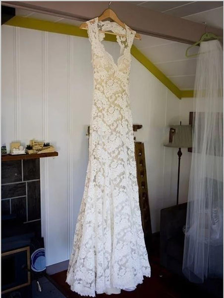 Sheath Lace Sleeveless V-neck Backless Train Wedding Dresses With Bowknot