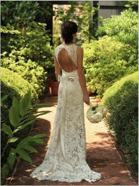 Sheath Lace Sleeveless V-neck Backless Train Wedding Dresses With Bowknot