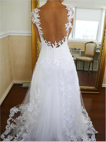 Lace Tulle Princess V-neck Wedding Dresses,Train Sleeveless Backless Wedding Dresses