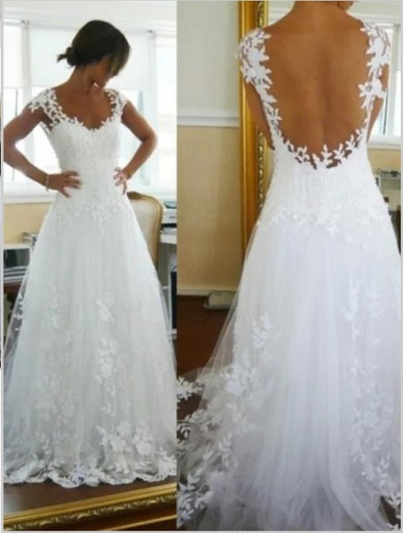 Lace Tulle Princess V-neck Wedding Dresses,Train Sleeveless Backless Wedding Dresses