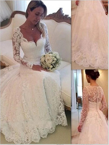 Lace Tulle V-neck Long Sleeves Wedding Dresses Court Train Ball Gown