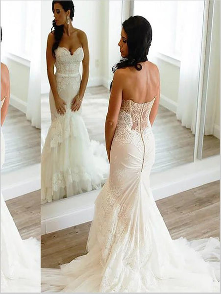 Mermaid Lace Tulle Wedding Dresses,Court Train Sleeveless Wedding Dresses