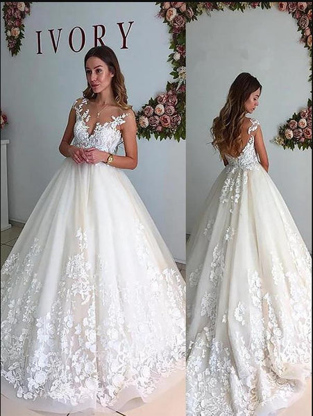 Tulle Princess V-neck Wedding Dresses,Court Train Sleeveless Wedding Dresses