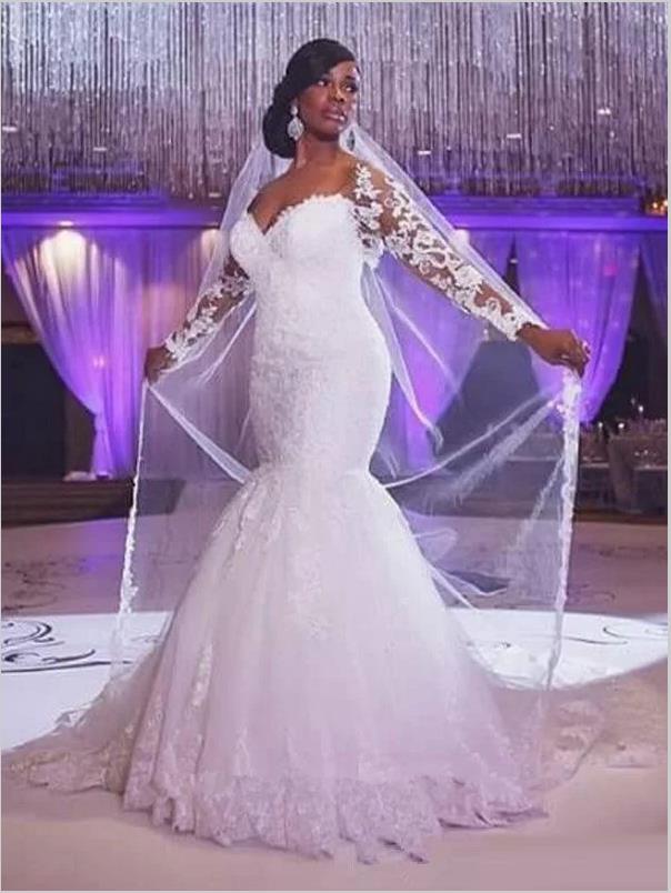 Mermaid Applique Tulle Wedding Dresses,Long Sleeves Sweetheart Train Wedding Dresses
